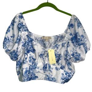 Blue Floral Ruched Cropped Peasant Top Womens Large NWT